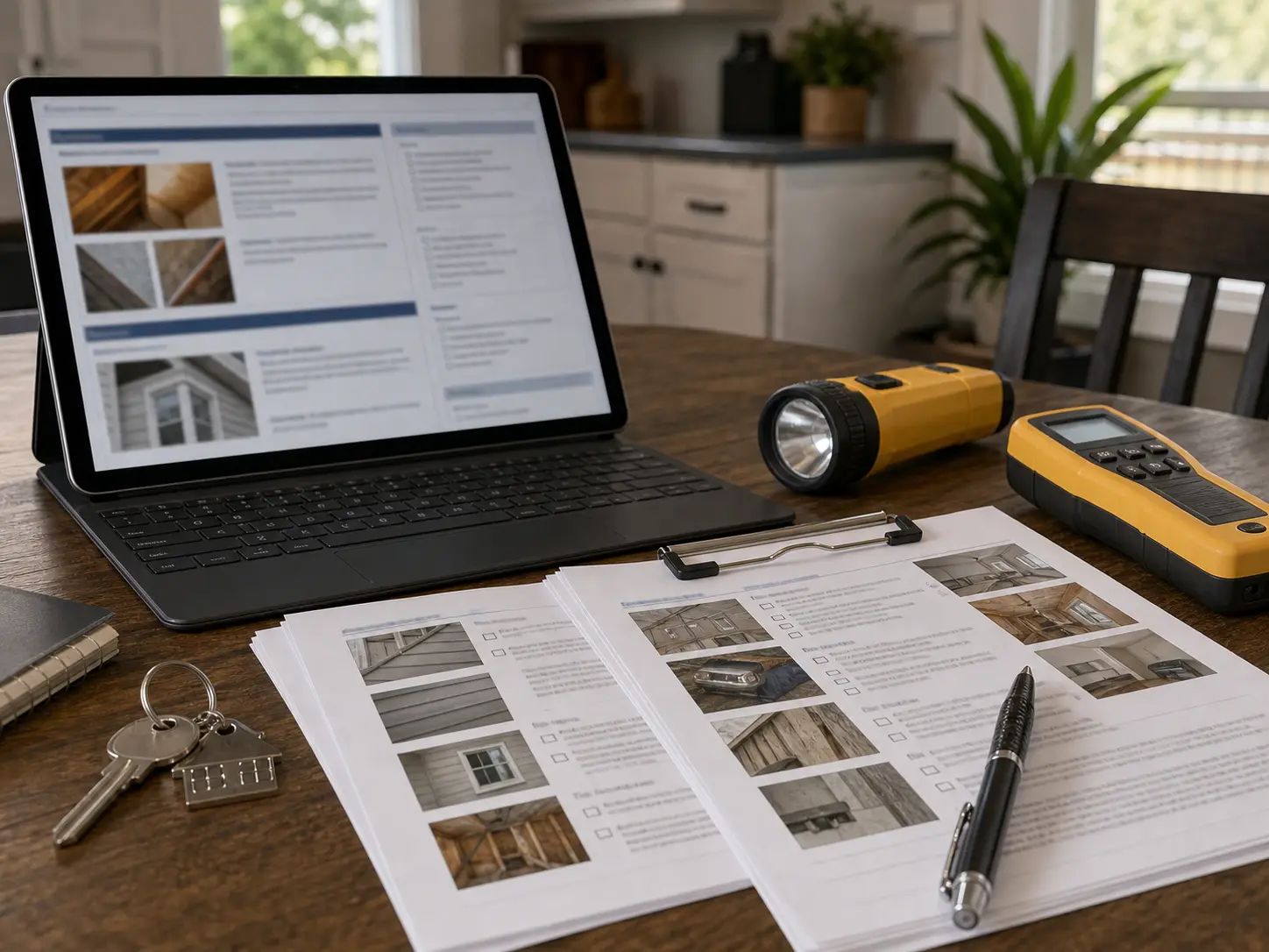 Home inspection report documents with photos and inspection tools