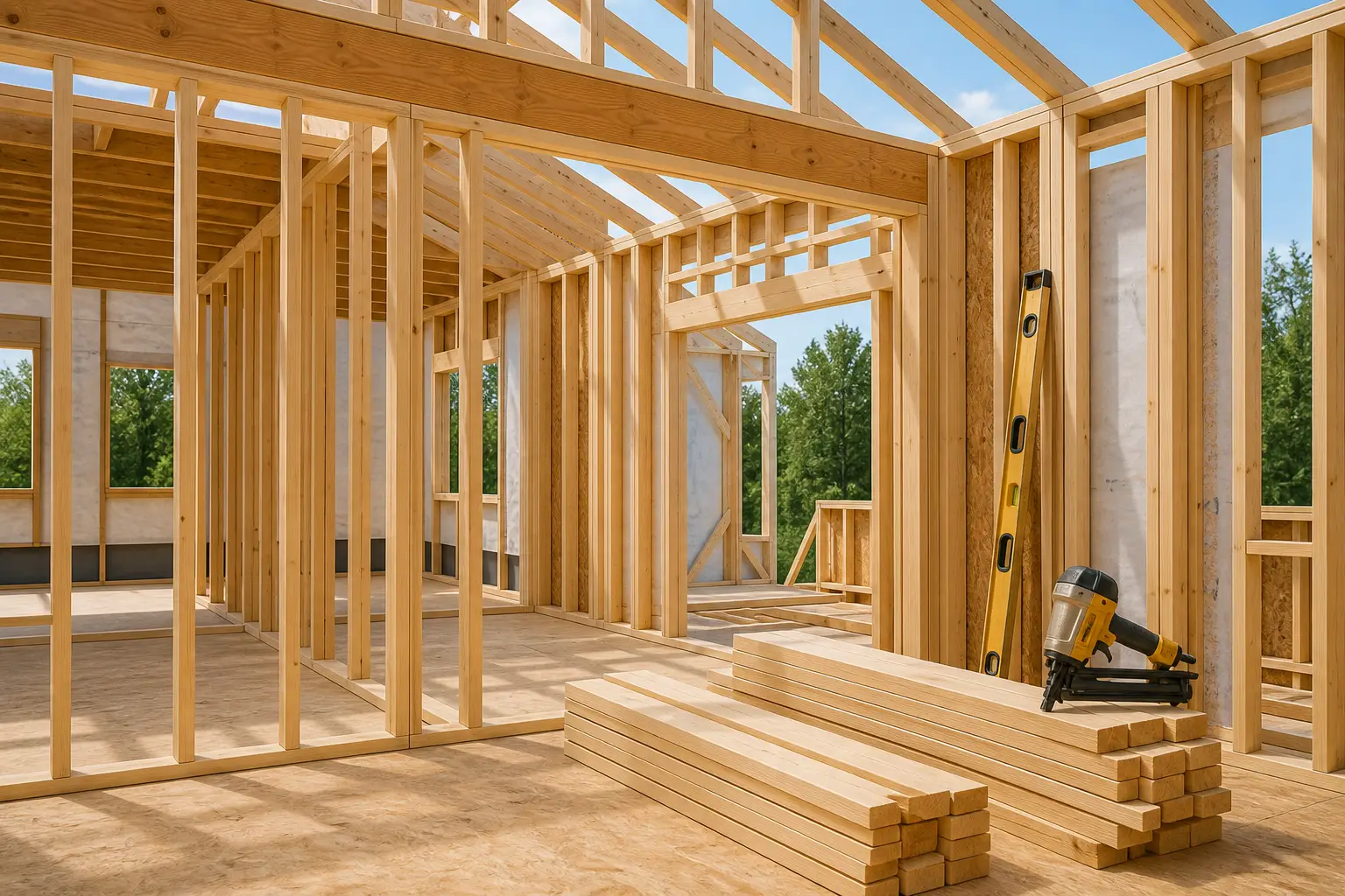 Wood-framed house interior under construction with stud walls and roof rafters, a level and a framing nailer beside stacked lumber