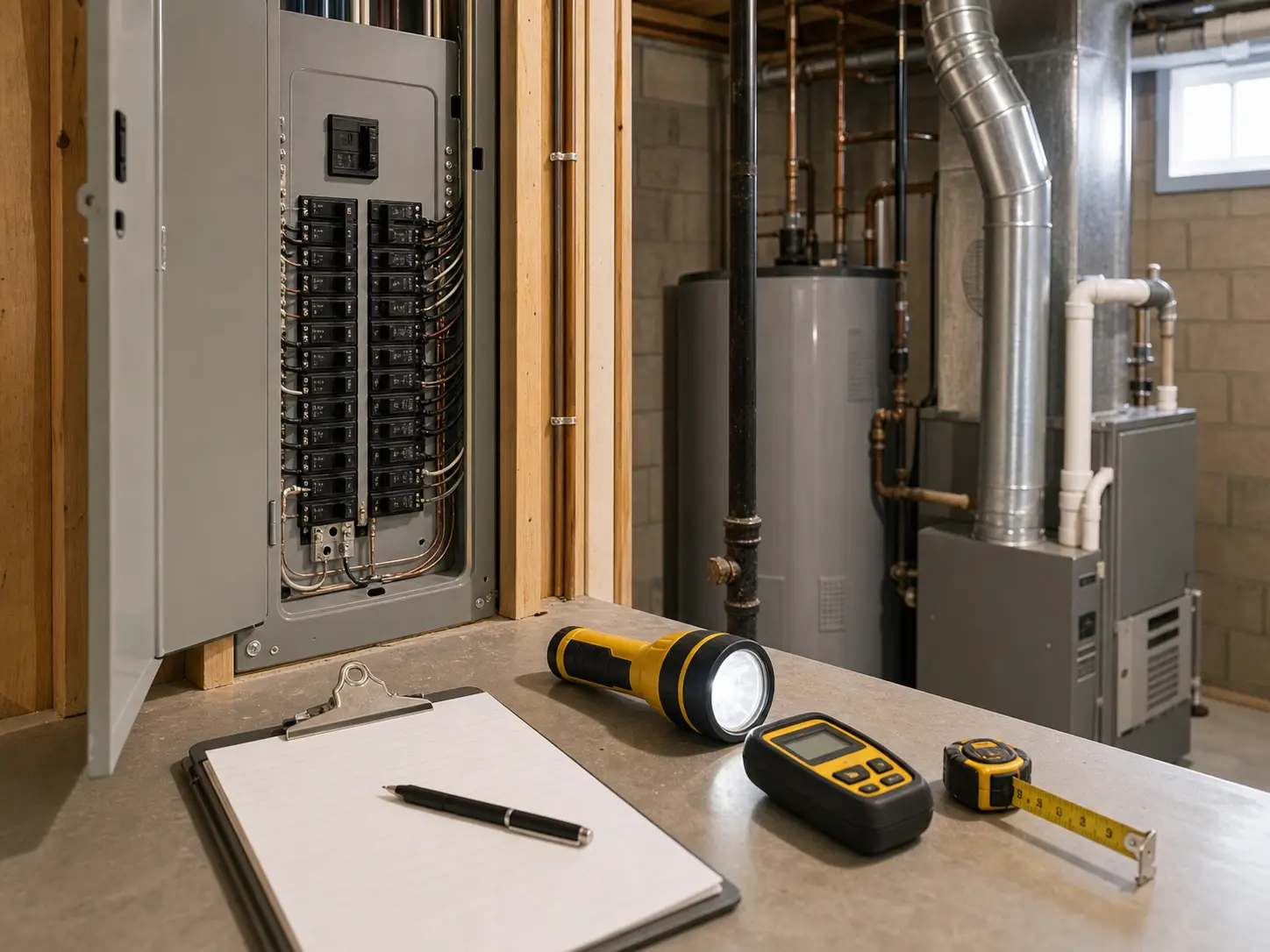 Home inspection tools beside an electrical panel and mechanical systems