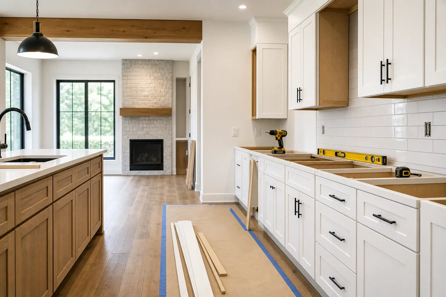 Kitchen remodel in progress with white shaker cabinets, a subway-tile backsplash, a wood island, and trim laid out on the floor