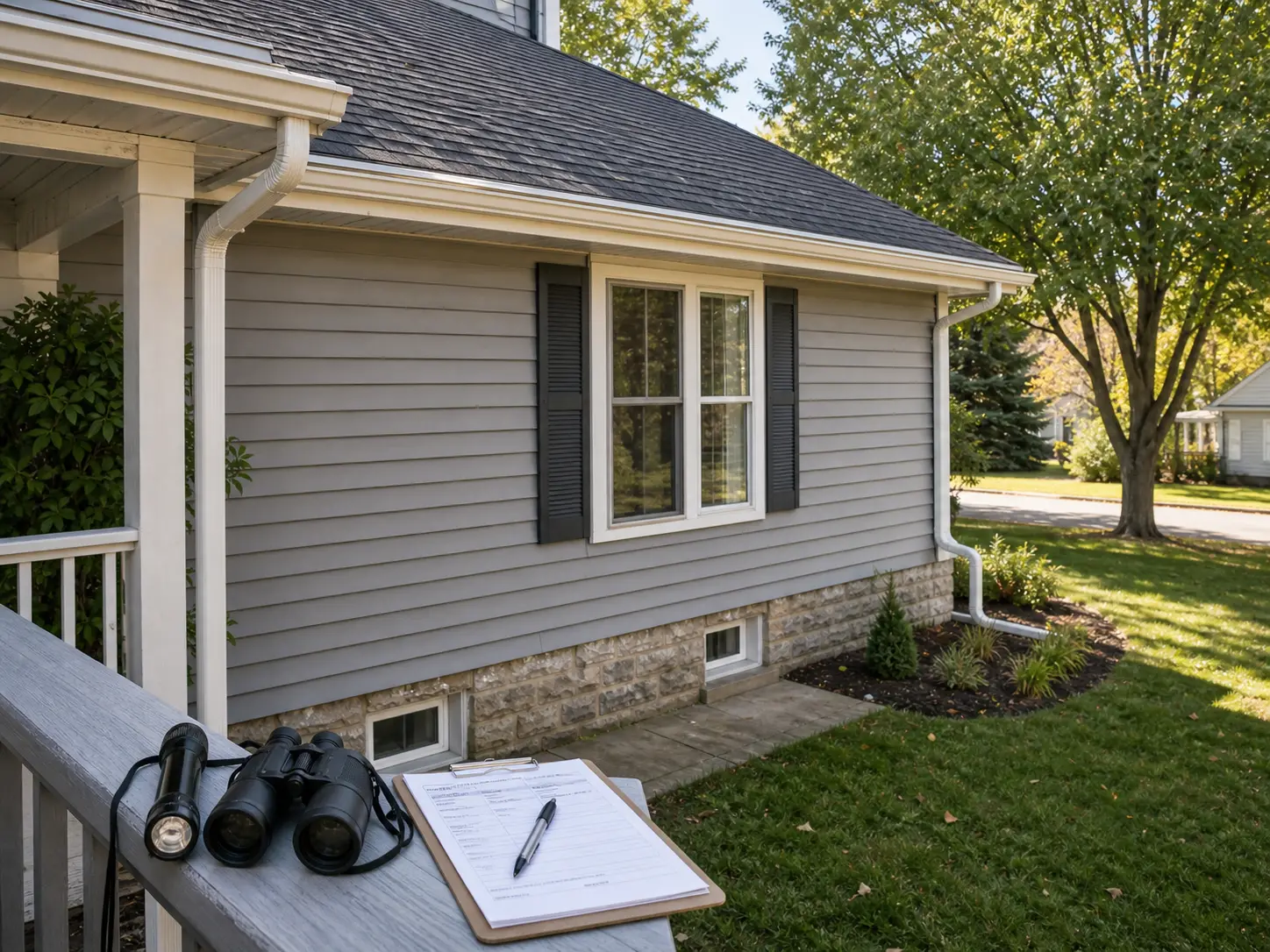 Home exterior inspection view showing roof, gutters, siding and foundation