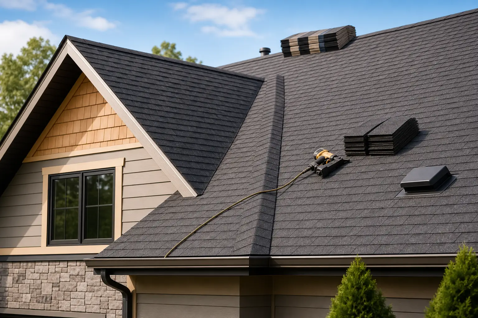 Newly installed dark architectural shingle roof on a home, with shingle bundles and a roofing nailer on the slope