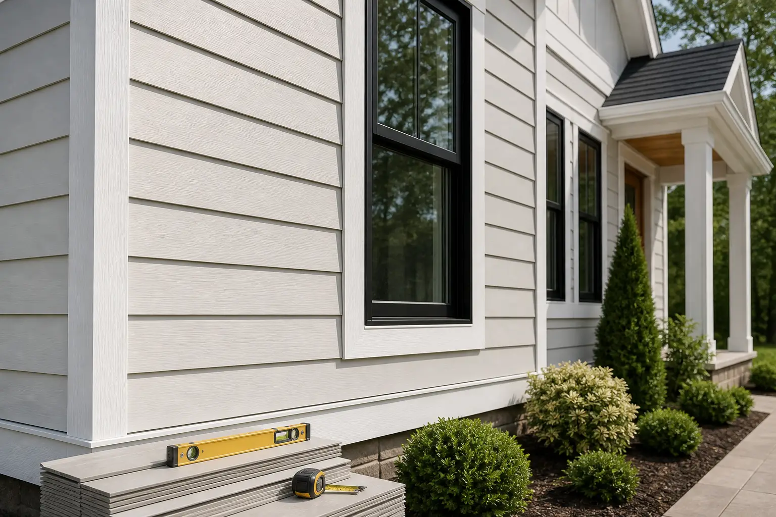 Light-gray lap siding on a home exterior with black-trimmed windows, a level and tape measure resting on stacked siding planks